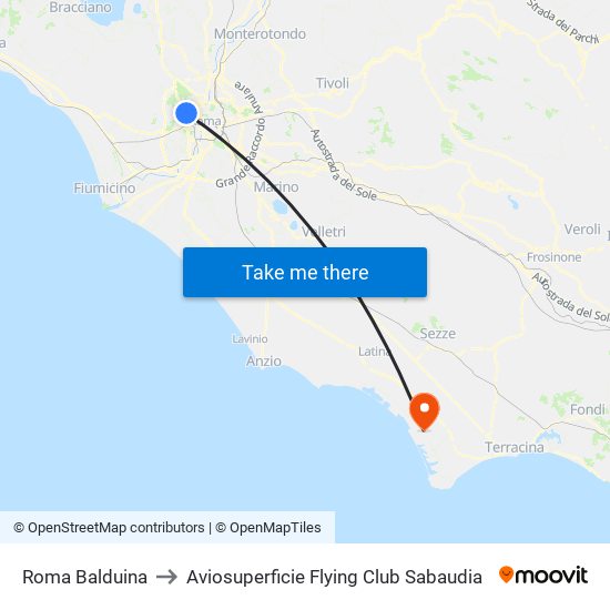 Roma Balduina to Aviosuperficie Flying Club Sabaudia map