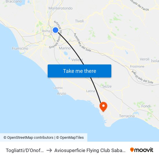 Togliatti/D'Onofrio to Aviosuperficie Flying Club Sabaudia map