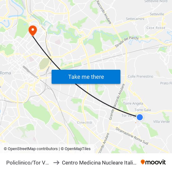 Policlinico/Tor Vergata (H) to Centro Medicina Nucleare Italiano Villa Bianca map