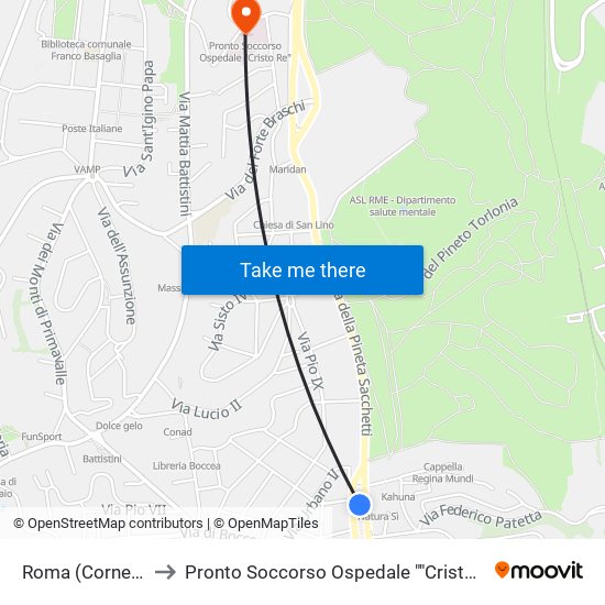 Roma (Cornelia) to Pronto Soccorso Ospedale ""Cristo Re"" map