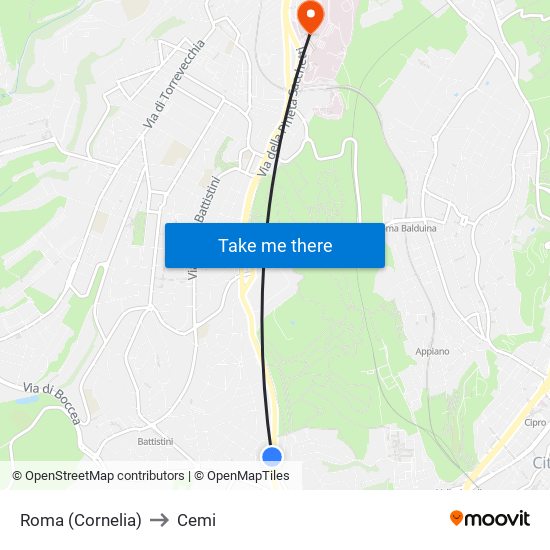 Roma (Cornelia) to Cemi map