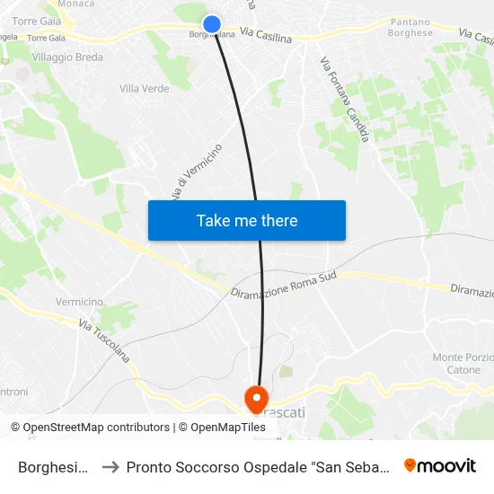 Borghesiana to Emergency Room San Sebastiano Hospital map
