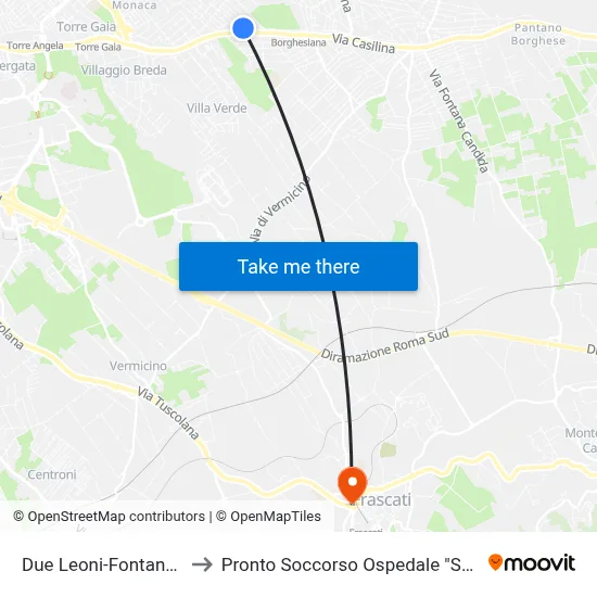Due Leoni-Fontana Candida to Emergency Room San Sebastiano Hospital map