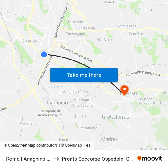 Rome | Anagnina (Metro A) to Emergency Room San Sebastiano Hospital map