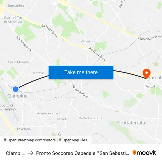Ciampino to Pronto Soccorso Ospedale ""San Sebastiano"" map
