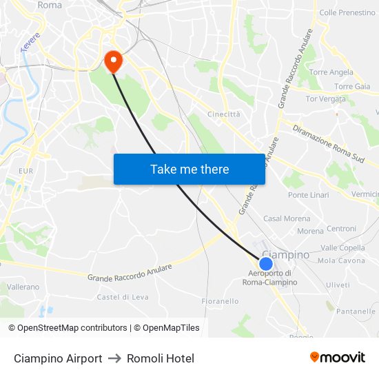 Ciampino Airport to Romoli Hotel map