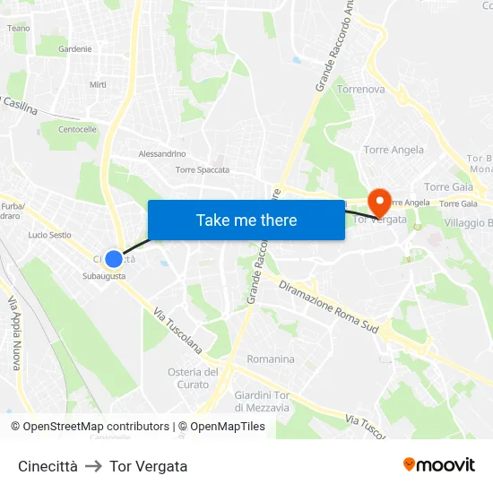 Cinecittà to Tor Vergata map