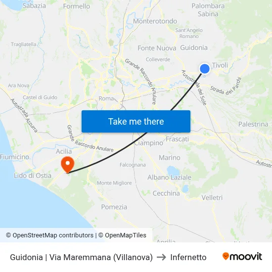 Guidonia | Maremmana Street (Villanova) to Infernetto map
