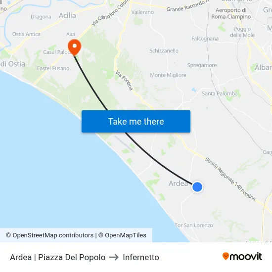 Ardea via Piazza Del Popolo to Infernetto map
