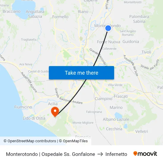 Monterotondo | SS Gonfalone Hospital to Infernetto map