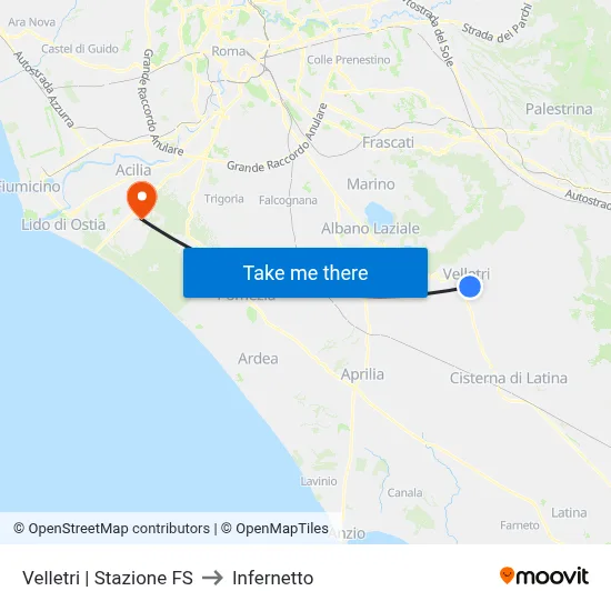 Velletri Train Station to Infernetto map