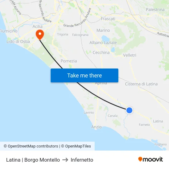 Latina | Borgo Montello to Infernetto map