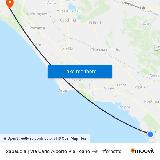 Carlo Alberto Road Teano Road - Sabaudia to Infernetto map