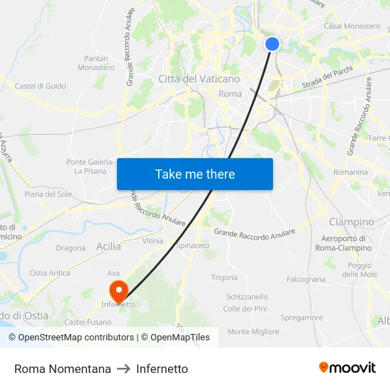 Roma Nomentana to Infernetto map