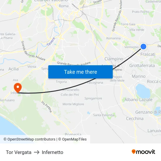 Tor Vergata to Infernetto map