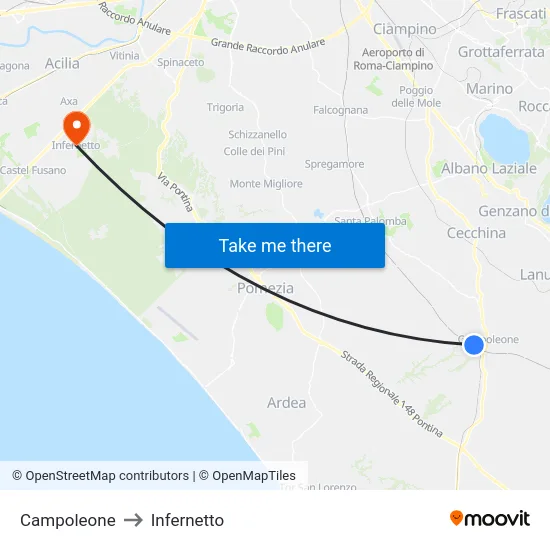 Campoleone to Infernetto map