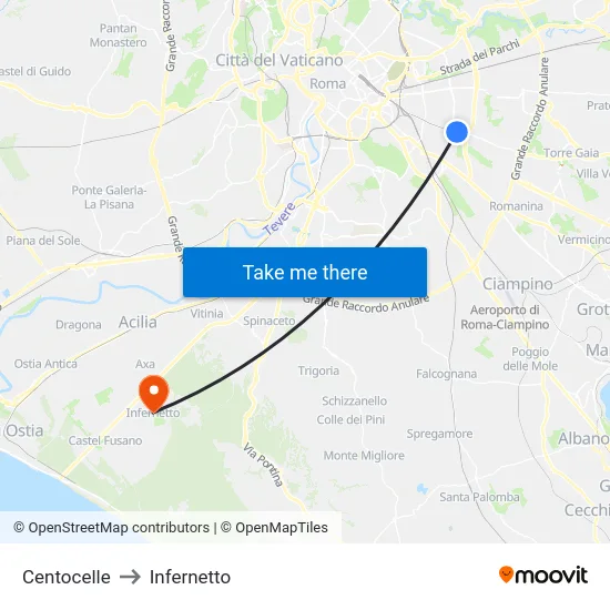 Centocelle to Infernetto map