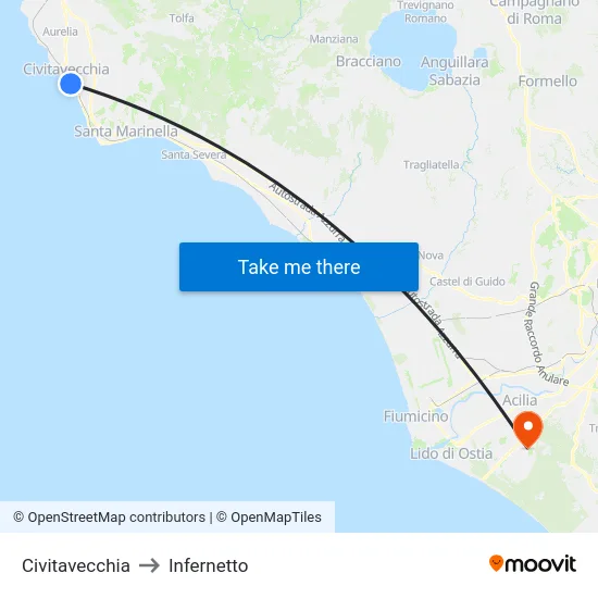Civitavecchia to Infernetto map