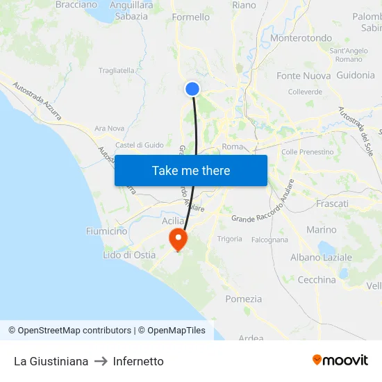 La Giustiniana to Infernetto map