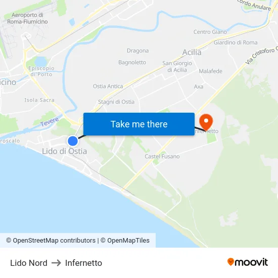 Lido Nord to Infernetto map
