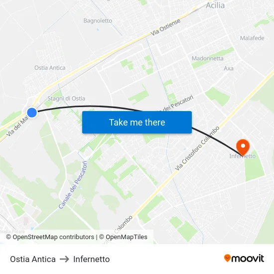 Ostia Antica to Infernetto map