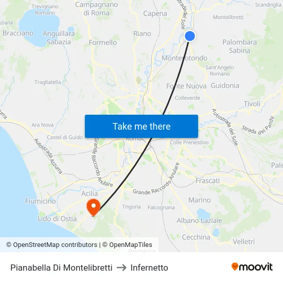 Pianabella Di Montelibretti to Infernetto map