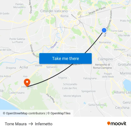 Torre Maura to Infernetto map