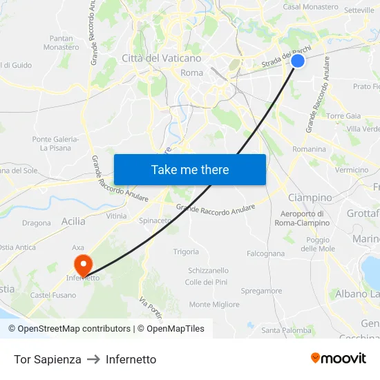 Tor Sapienza to Infernetto map