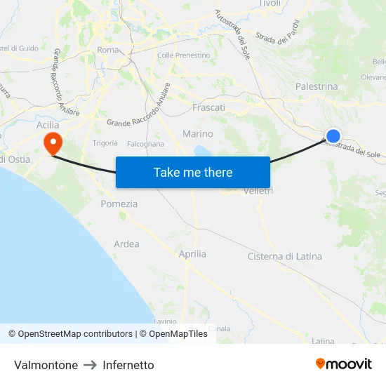 Valmontone to Infernetto map