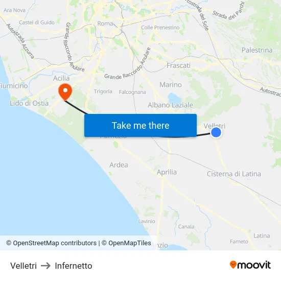Velletri to Infernetto map