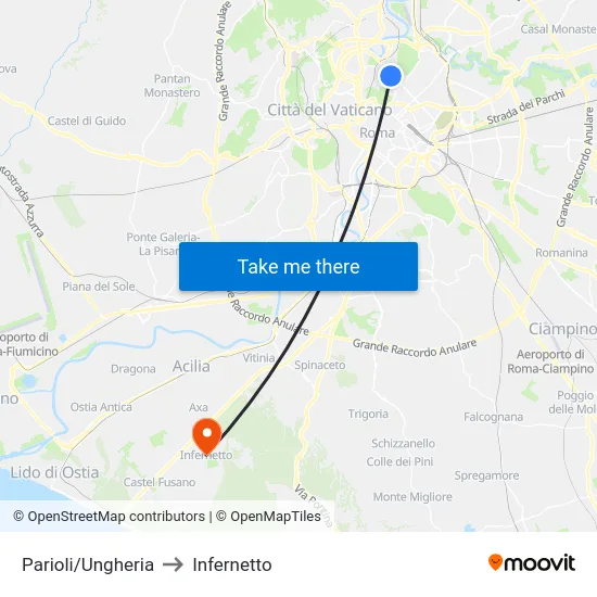 Parioli/Ungheria to Infernetto map