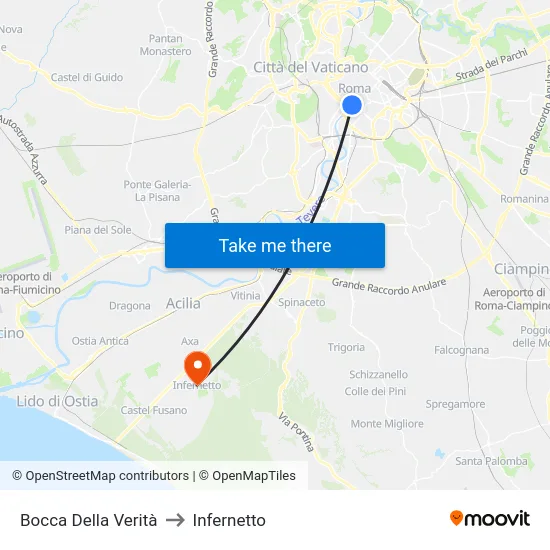 Bocca Della Verità to Infernetto map