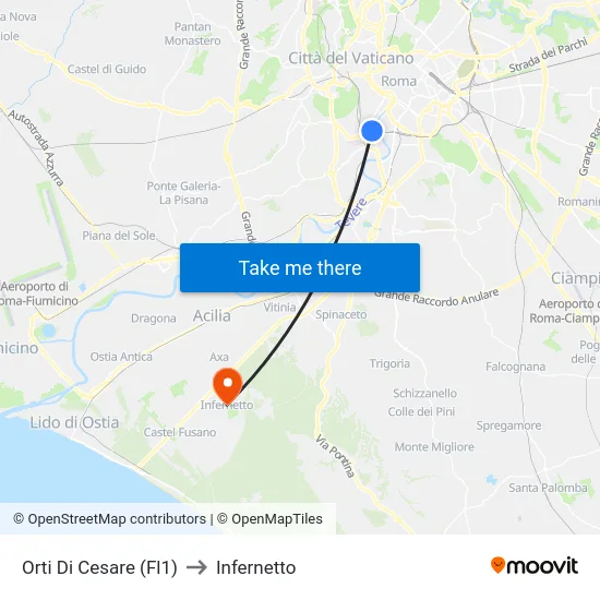 Orti Di Cesare (Fl1) to Infernetto map