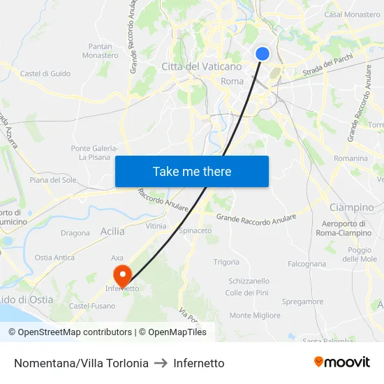 Nomentana/Villa Torlonia to Infernetto map