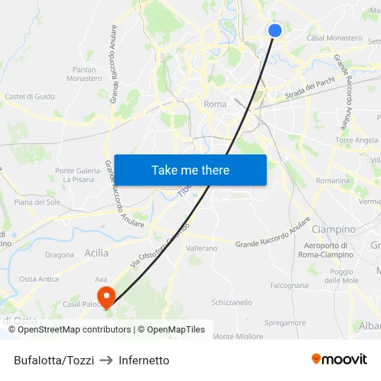 Bufalotta/Tozzi to Infernetto map