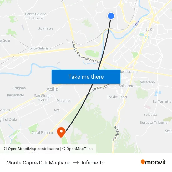 Monte Capre/Orti Magliana to Infernetto map