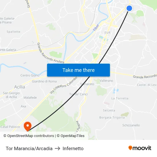 Tor Marancia/Arcadia to Infernetto map