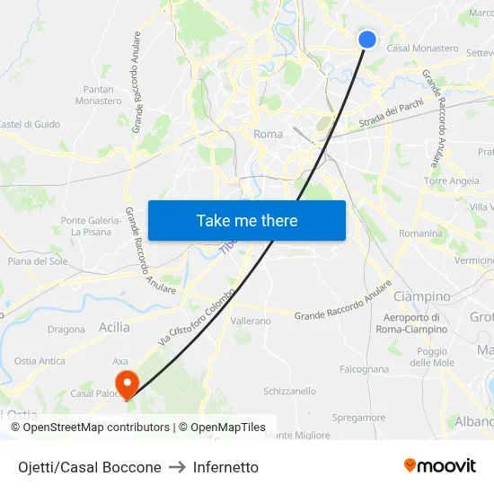 Ojetti/Casal Boccone to Infernetto map