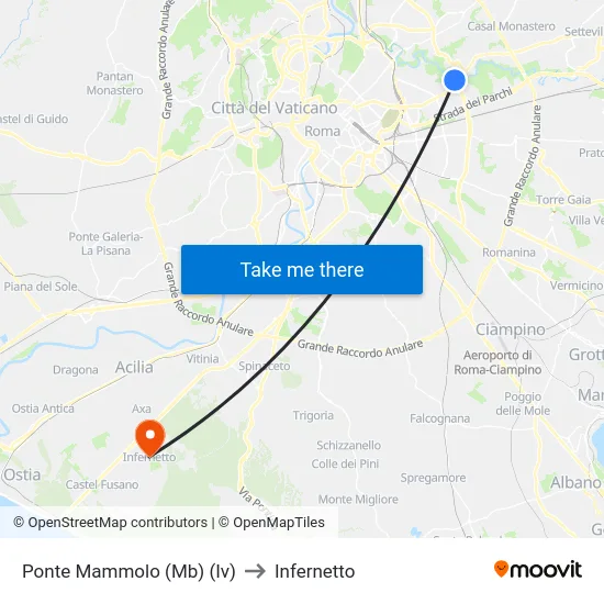 Ponte Mammolo (Mb) (Iv) to Infernetto map