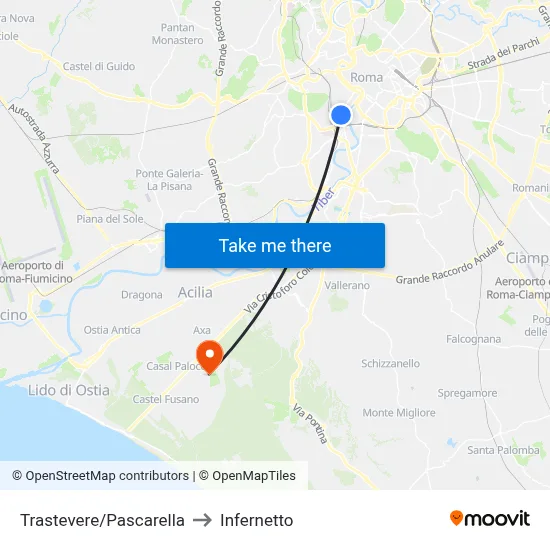 Trastevere/Pascarella to Infernetto map