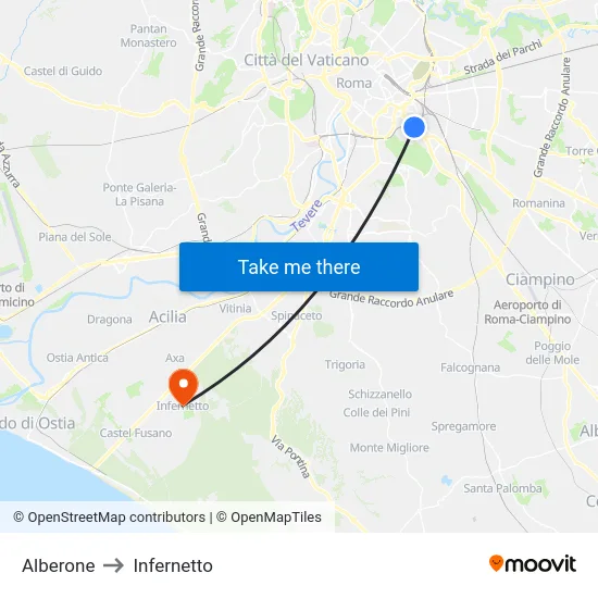 Alberone to Infernetto map