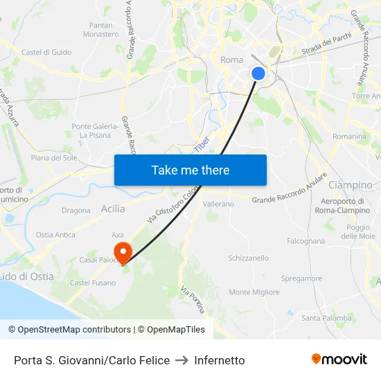 Porta San Giovanni/Carlo Felice to Infernetto map