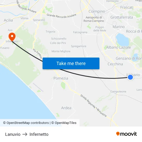 Lanuvio to Infernetto map