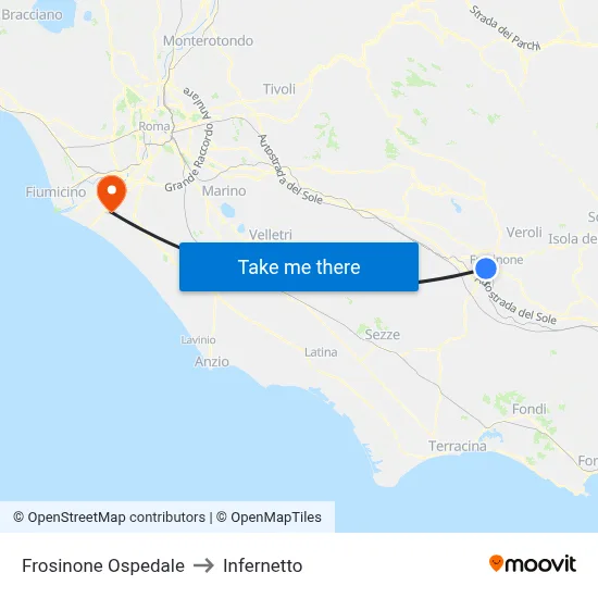 Frosinone Hospital to Infernetto map