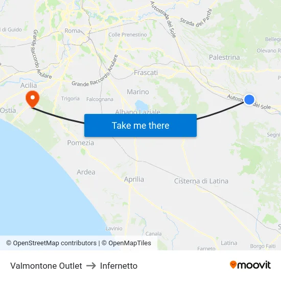 Valmontone Outlet to Infernetto map