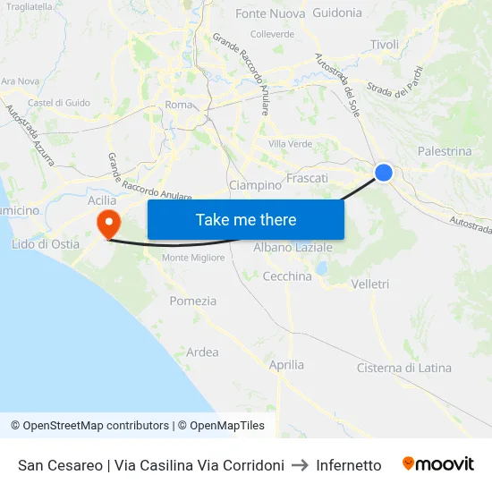 San Cesareo via Casilina via Corridoni to Infernetto map