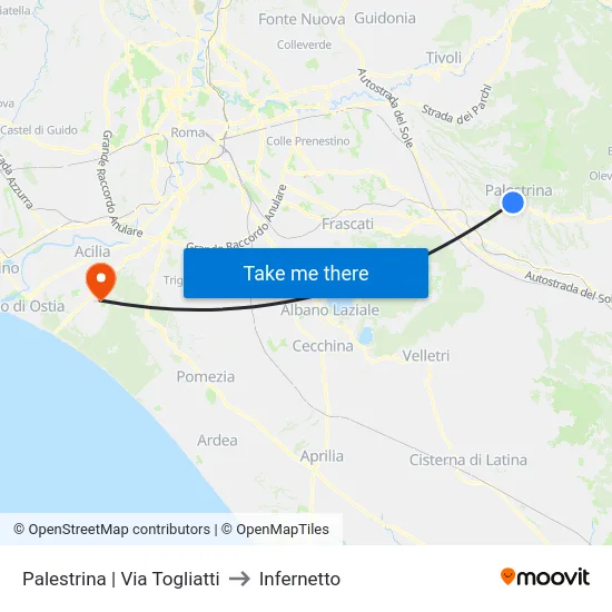 Palestrina | Via Togliatti to Infernetto map
