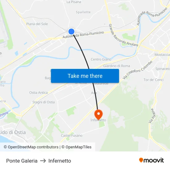 Ponte Galeria to Infernetto map