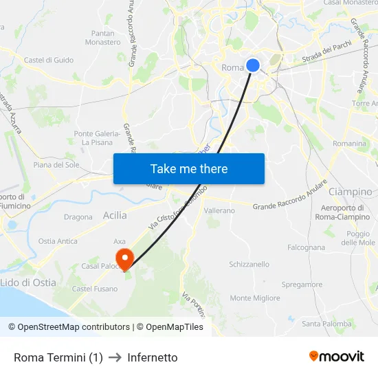 Roma Termini (1) to Infernetto map