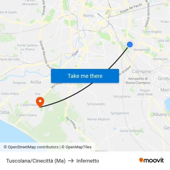 Tuscolana/Cinecittà (Metro) to Infernetto map